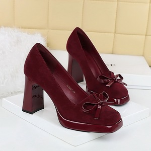 Womens Burgundy Suede <b>Pumps</b> Square Toe Block Heel High Heels With Bow Decoration on Formal Shoes for Office Party - Product Image 1