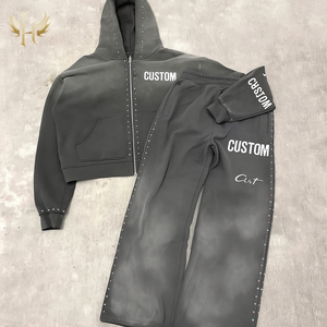 Custom Distressed Zip up Colorful Rhinestone Flared Sweatpants and Hoodie Sets Men Streetwear <strong>Tracksuit</strong> Acid Wash Sweatsuit - Product Image 1