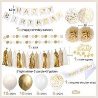 Décorations de fête d'anniversaire or et blanc pour filles, femmes et hommes avec écharpe Joyeux Anniversaire, bannière, pompons, guirlande à points circulaires et à pompons
