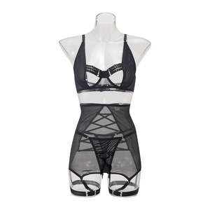 RUIYI 2024 Nouveauté Sexy Ensemble de lingerie noire en maille transparente à bretelles pour femme, cinq pièces - Product Image 5
