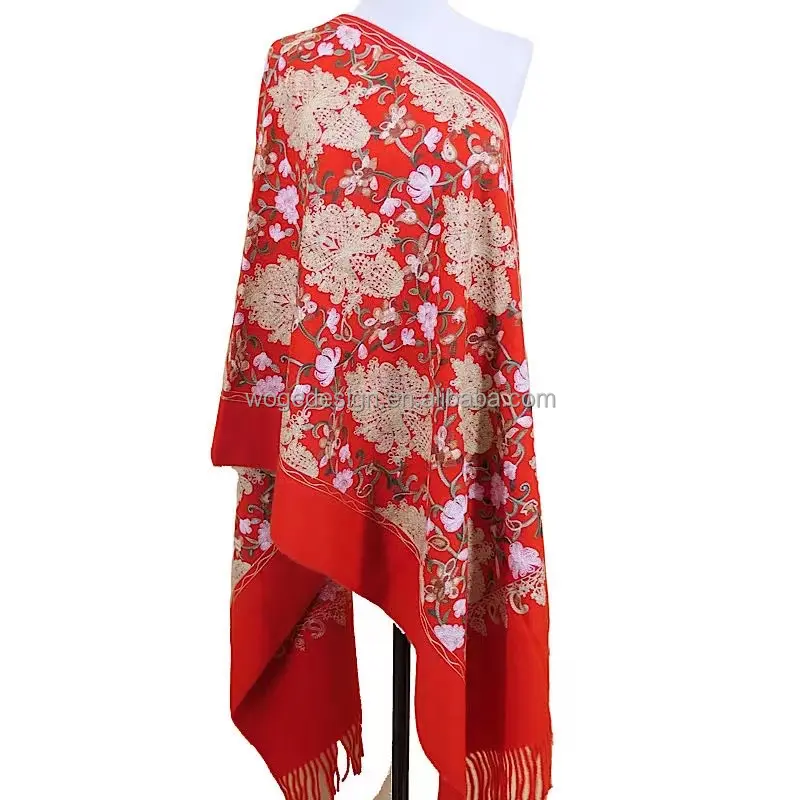 Yiwu premium supplier women cashmere feeling polyester yarn shawl stole winter flower embroidery scarf shawl pashmina