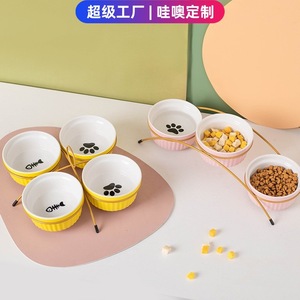 Tazones de cerámica para gatos 3 en 1, color rosa con marco dorado, para alimentar y dar de beber a las mascotas. - Product Image 5