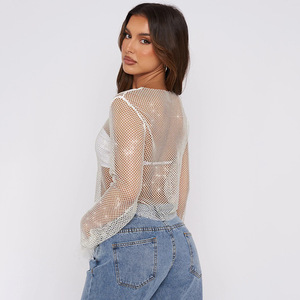 Camiseta de malla para mujer, manga larga, cuello redondo, top corto con pedrería, color sólido, top de punto transpirable para la moda de verano - Product Image 2