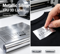 Film de transfert thermique en TPU argenté métallique 3D en relief, impression UV DTF pour vêtements, autocollants personnalisés avec logo en relief