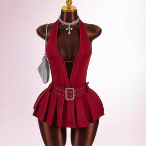 <span class=keywords><strong>Robe</strong></span> moulante sexy à col halter <span class=keywords><strong>et</strong></span> dos nu, couleur unie, coupe ajustée, avec ceinture, décolleté plongeant, plissée, courte, mini, pour femme, K25L1743 - Product Image 2