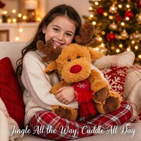 Adorable renne de Noël en peluche brun à poils longs avec nez rouge et écharpe à flocons de neige, renne en peluche doux pour cadeau de Noël