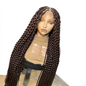 Perruque tressée bouclée style French Twist avec dentelle frontale HD, brun foncé, en cheveux synthétiques, vente en gros, prête à porter, sans colle - Product Image 1