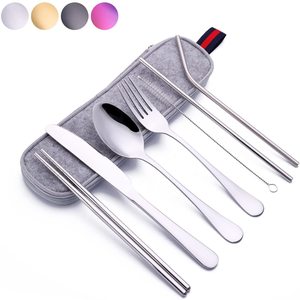 Du Lịch Xách Tay Bạc 8 cái cắm trại Flatware rơm dao muỗng nĩa đũa thép không gỉ thiết lập dao kéo với trường hợp - Product Image 1