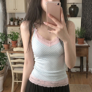 เสื้อกล้ามถักทรงสั้นแบบเวสต์ คอวี แต่งลายจุด แต่งโบว์ แต่งขอบลูกไม้ ทรงเข้ารูป แขนกุด สไตล์ฝรั่งเศส - Product Image 5