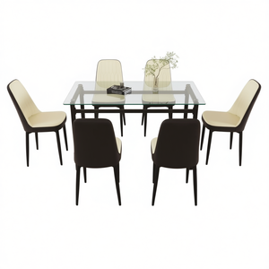 Ensemble de table à manger rectangulaire moderne pour 6 personnes, 51 pouces, verre trempé, pieds en métal noir, chaise rembourrée en PU, modèle D0100XUI2UY - Product Image 1