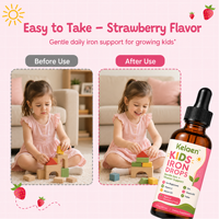 Complément alimentaire liquide oral pour enfants Iron Drops, saveur fraise, 2 ml, soutien quotidien en vitamines, végétalien, pour l'immunité et la densité osseuse