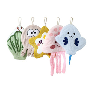 Cartoon Hanging Coral Fleece Hand Towel Quick Dry Kitchen Bathroom Use Rectangle Shape Applique Design - Product Image 1