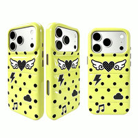 Étui de protection antichoc en cuir PU matelassé à motif cœur ailé et pois jaunes brillants pour iPhone 15 16 17 Pro Max