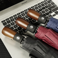 Parapluie de luxe portable pliant entièrement automatique pour homme, avec manche en bois, 10 baleines, revêtement noir en pongé, résistant aux UV