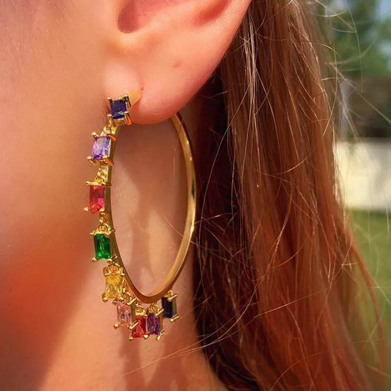 Promotion Large Gothic hoop earrings with gold rose gold plated colorful cz paved wedding large earring rainbow earring gift