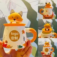 Ensemble de tasses à café en céramique avec couvercle, nouveau modèle d'automne, motif mignon de feuille d'érable, forêt d'automne, lapin mignon, renard mignon, écureuil, gland