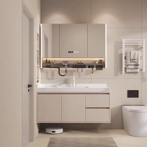 Modern Solid Wood Lacquer Bathroom Vanity <b>Unit</b> with Ceramic Basin Smart Mirror <b>Side</b> Storage Cabinet Combination - Product Image 3