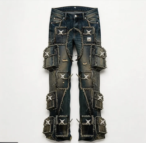 Pantalones de mezclilla Wangsheng <span class=keywords><strong>para</strong></span> <span class=keywords><strong>hombre</strong></span>, corte regular, cintura media, lavado oscuro, pierna ancha, desgastados, con bolsillos cargo, detalles de estrellas, longitud completa - Product Image 1