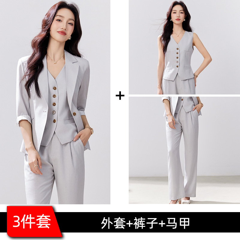 gray-blue suit vest and trousers