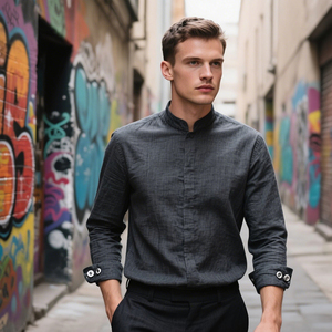 Camisa de Manga Larga Informal de Lino/Algodón Sarga Transpirable Personalizada para Hombre al por Mayor - Product Image 5