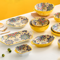 Ensemble de bols à riz en céramique bohème créatif, assiettes à soupe et nouilles vintage irrégulières à double anse, vaisselle jaune pour la maison et la cuisine