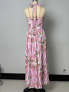 Vestido Midi Halter para Mujer con Estampado Floral a Rayas, Espalda con Cordones, Estilo Corsé, Vestido de Verano para Vacaciones, Moda Sehe - Product Image 6