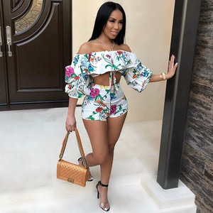 2020 nuevo diseño de <span class=keywords><strong>la</strong></span> venta caliente de <span class=keywords><strong>la</strong></span> hombro Floral Print Top Sexy Mujer Pantalones cortos 2 piezas conjuntos - Product Image 2
