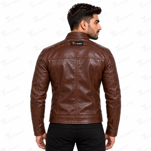 Chaqueta de cuero PU marrón para hombre, transpirable, ecológica, para motocicleta, con forro de lana, cuello alto, cremallera, estilo motero. - Product Image 5