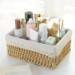 Hand-woven Nesting Wicker Seagrass Cube Storage Bins Wicker Storage Baskets With Liner For Shelves Organizing Decor