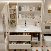 Nouvel ensemble de meubles de salle de bain de luxe moderne avec vasque intégrée en dalle de roche, vasque cintrée à chaud, meuble-lavabo en bois de caoutchouc massif et miroir, caractéristiques imperméables