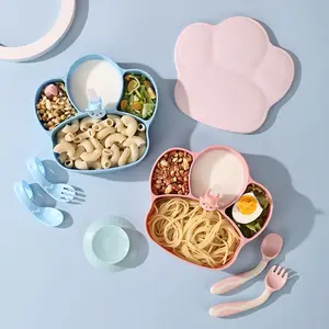 PP hot selling wholesale popular unique integrated grid tableware cat-claw shape cute plastic baby plate with lids