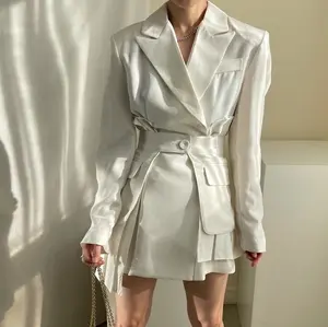 QA195 yeni 2022 kadın düzensiz pilili Blazer elbise çıkarılabilir kemer özel Blazer de mujer chaqueta