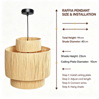 Lampe suspendue en raphia naturel tressé à 3 niveaux, abat-jour superposé, style bohème côtier, pour salle à manger, îlot de cuisine, décoration intérieure