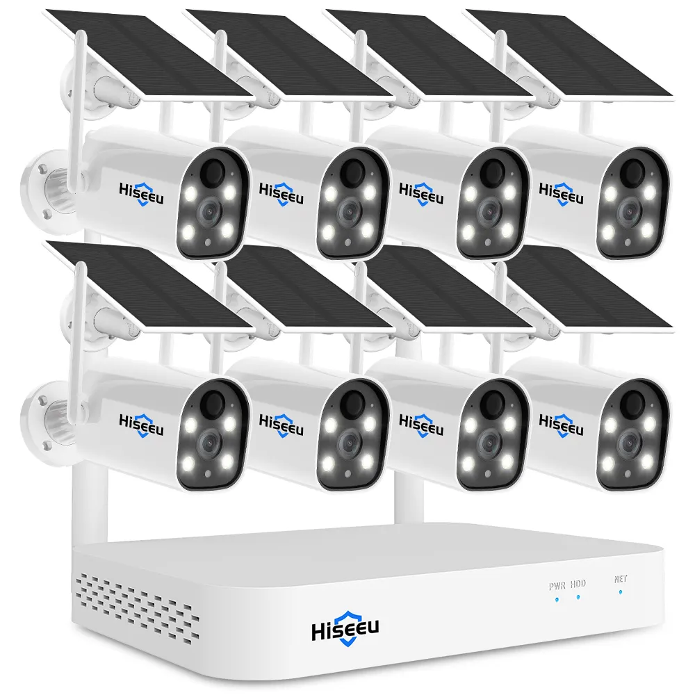 Hiseeu IP66 4MP 8 Channel Outdoor color night vision IP Wireless Nvr Set Surveillance solar outdoor wifi Security camera system