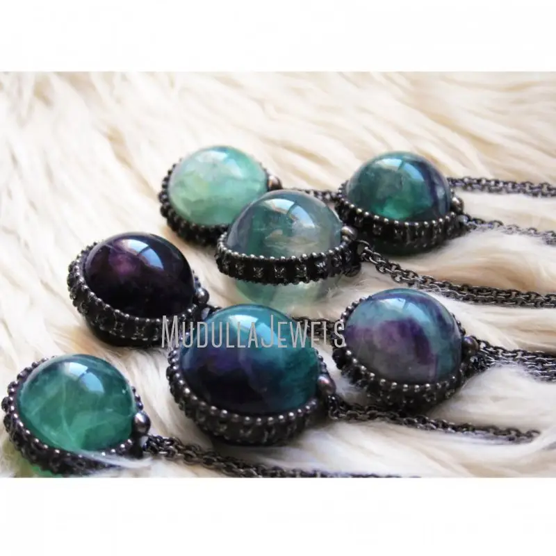 NM42623 Natural Gemstone Fluorite Crystal Ball Necklace Round Green Fluorite Layering Necklace Fluorite Sphere Necklace