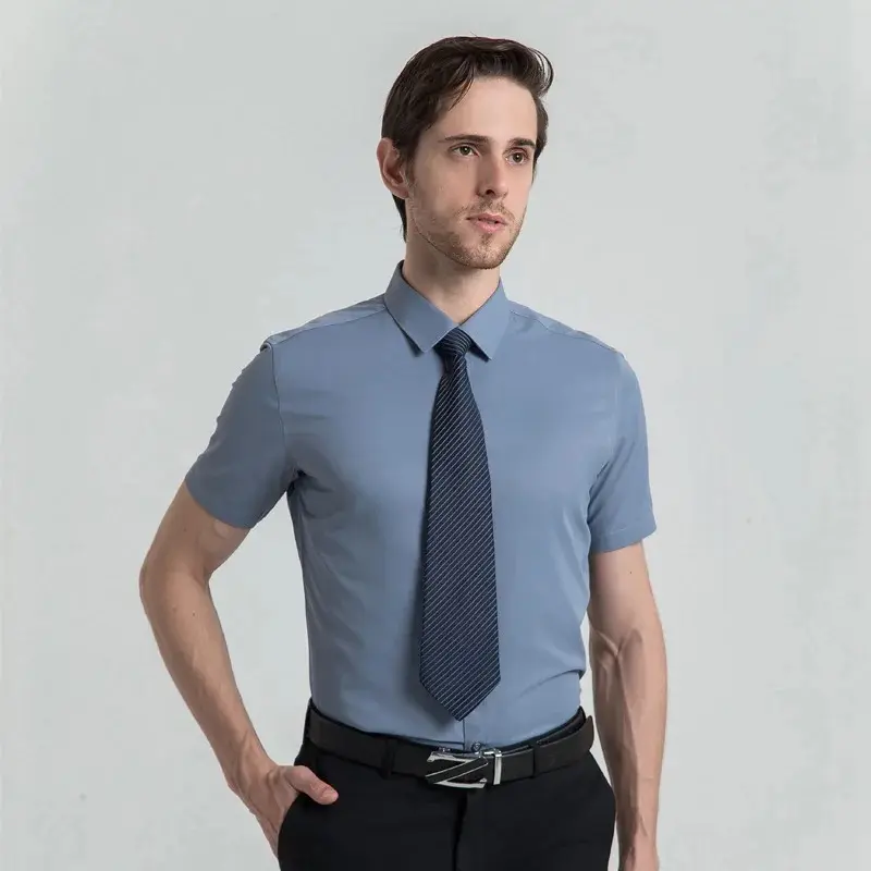 Square Collar Formal Shirts for Men Short Sleeved Non-iron Slim Fit Dress Shirts Solid Social Man's Clothing Without Tie