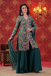 Ensemble Sharara vert mousse de haute qualité, orné à la main de motifs floraux, en soie Chanderi légère, pour tenues de mariage - Product Image 6