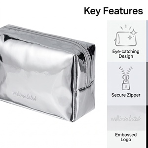 Silver Metallic PU Leather Cosmetic Bag Large Capacity Women <b>Makeup</b> Bags Waterproof Travel Toiletry Bag with Embossed Logo - Product Image 5
