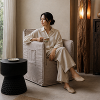 Fauteuil simple moderne Wabi Sabi pour salon, en tissu lin, avec housse amovible et lavable
