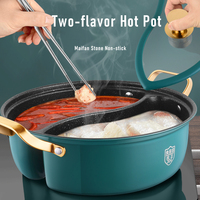 Panci Mandarin Duck dengan Dua Tutup, Die Casting Batu Maifan, Baja Anti Karat 304, Panci Terpisah Anti Lengket, Panci Hot Pot Dua Rasa
