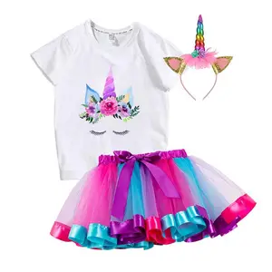 Toptan pastel tutu etek bebek kız-Amazon yeni trend Unicorn baskı üst + gökkuşağı Pastel Tutu elbise Unicorn kafa bandı 3 adet özel çocuklar kıyafetler DGHB-041