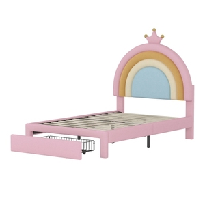 Twin Size Modern Velvet Princess Platform <strong>Bed</strong> with Storage <strong>Drawer</strong> Upholstered Rainbow Design Soft <strong>Bed</strong> Metal <strong>Frame</strong> - Product Image 5