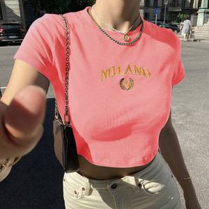 Summer Black Sexy Women's T-shirt Clothes Short Sleeve Casual Crop Top Letter Embroidery T Shirt Female O-Neck Cropped Tops - Product Image 5