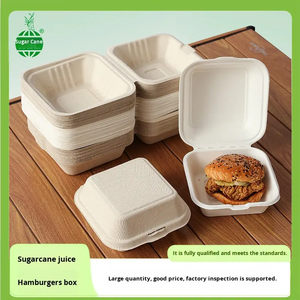 Kotak Hamburger Bagasse Sekali Pakai Biodegradable Tahan Air Kapasitas 450ml Dapat Digunakan di Microwave 120C Dapat Dibekukan -20C untuk Makanan Bawa Pulang - Product Image 4