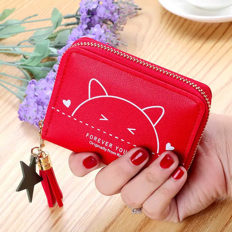 Gros chat mignon portefeuille imprimé femme court frange zipper petit portefeuille carte sac Mini fille Portefeuille étudiant
