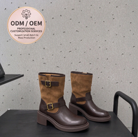 Bottines marron bicolores en cuir ultra-fin pour femme avec double boucle à la cheville, bout rond, talon épais, style vintage, vente en gros ODM OEM