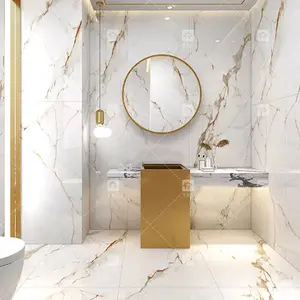 Laje de pedra de mármore Calacatta 12x24 para uso interior, laje de porcelana de grande formato com veios douradas, carreaux de mármore luxuosa