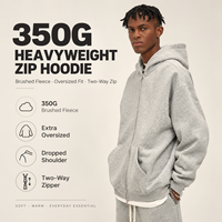 Hoodie Oversize Drop Shoulder 350GSM Bahan Fleece Brushed dengan Ritsleting Dua Arah, Hoodie Full Zip Custom untuk Pria, Streetwear Musim Dingin, Grosir OEM