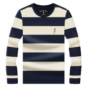 Camiseta de algodón 100% de punto de manga larga con cuello redondo a rayas para hombre transpirable informal de calidad superior con diseño Bretón - Product Image 1