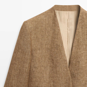 Blazer ajusté élégant pour femme en mélange de lin marron camel, sans col, à simple boutonnage, avec poches, respirant, idéal pour le travail et le bureau en été - Product Image 6